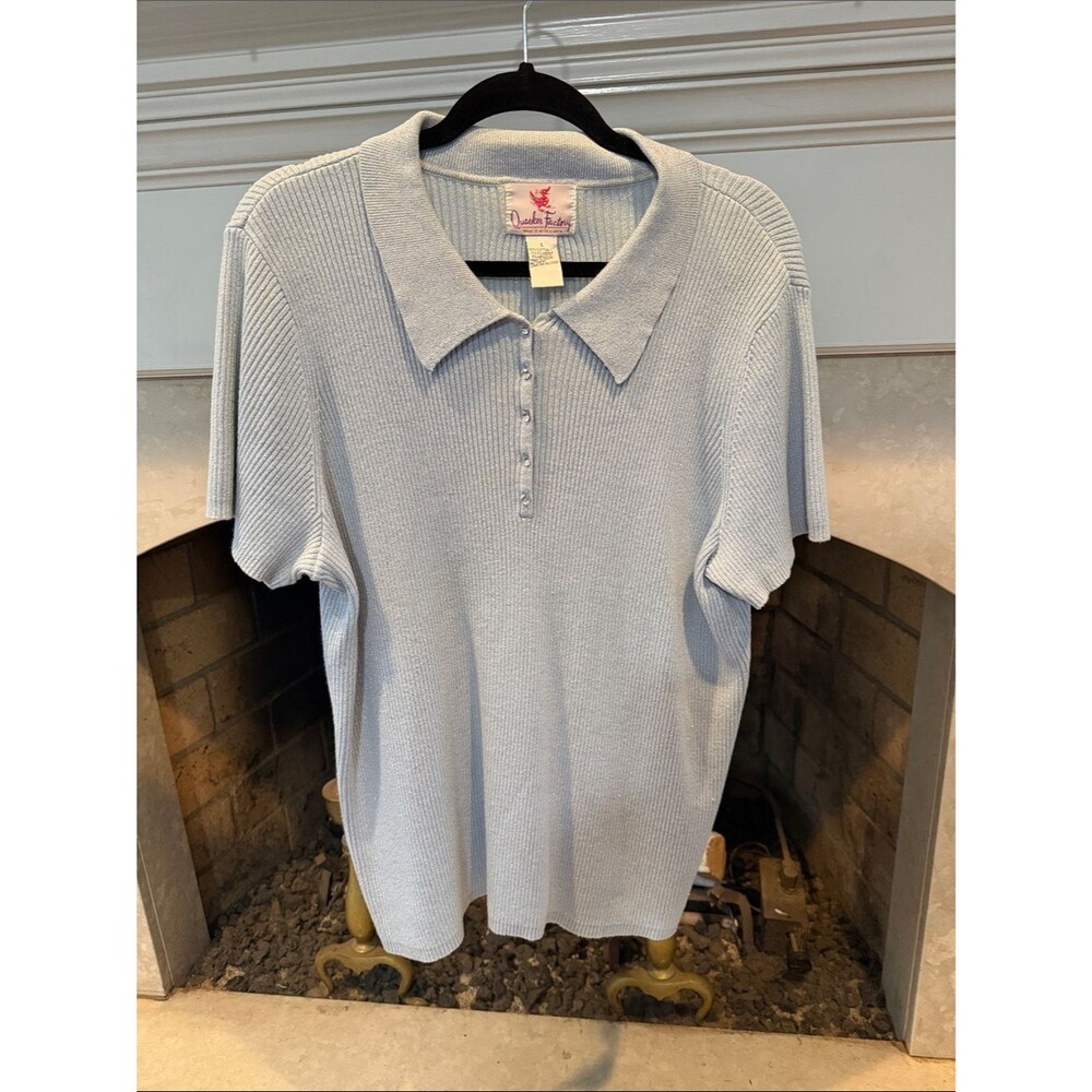 Quacker Factory Light Blue Ribbed Polo Button-Front Top size large